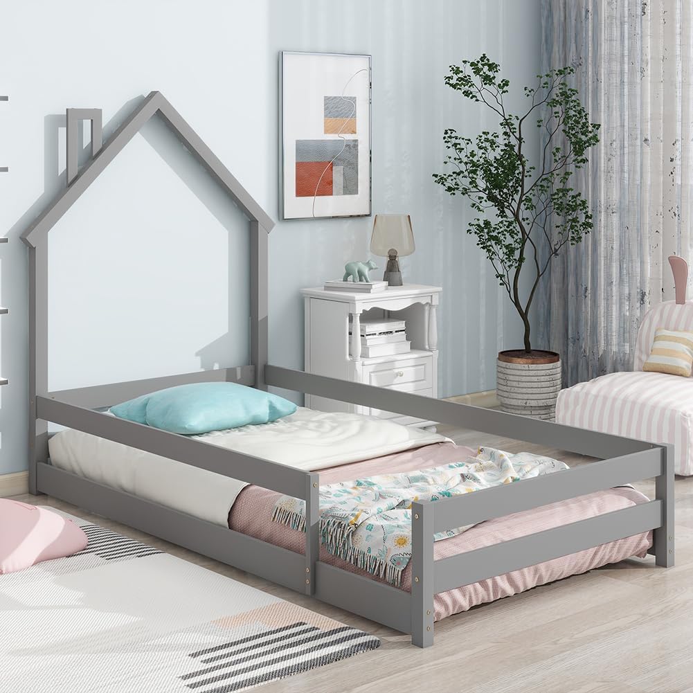 Twin Size Floor Bed with Fence, Twin Montessori Floor Bed, House Beds Twin Frame for Boys Girls Bedroom,No Box Spring Needed, Grey