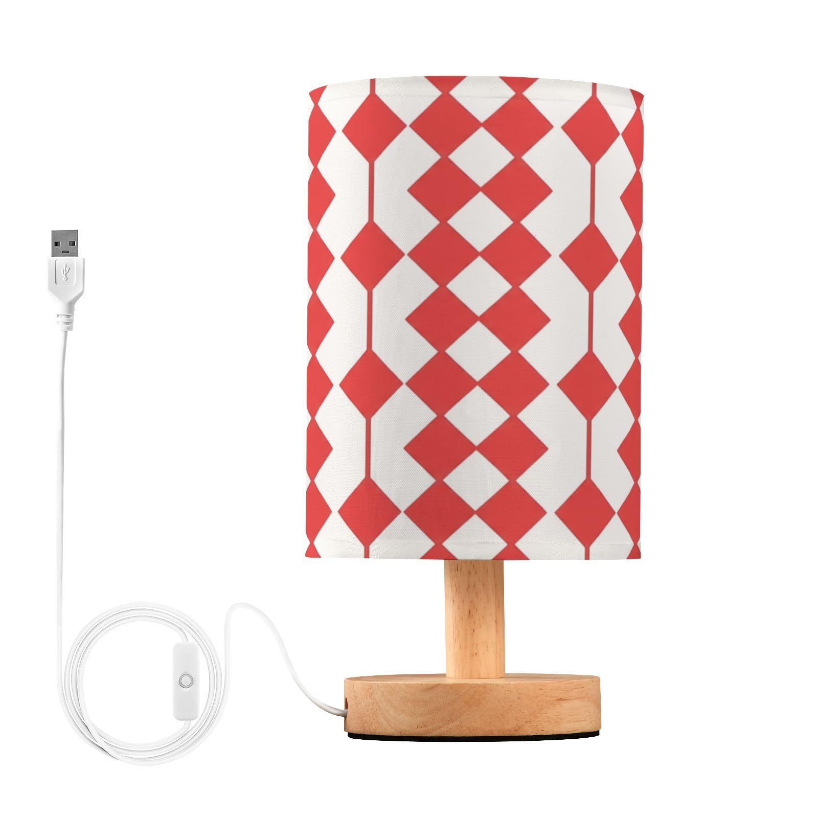 Cgiub Red Pattern Bedside Table Lamp for Bedroom LED Nightstand Lamp with Wood Base & USB Port Linen Shade Desk Light for Nursery Decor