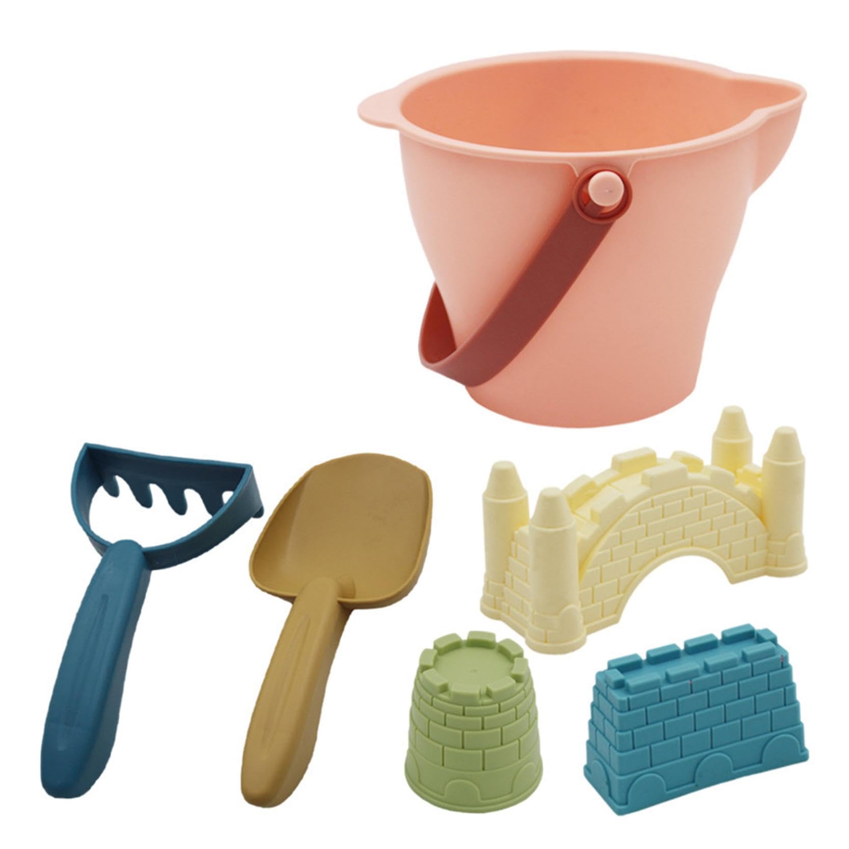 6Pcs Beach Toys Set for Kids, Funny Bucket and Spade Beach Set, Multiple Sand Toys Include Bucket, Shovels and Castle Molds, Ideal for Summer Holiday Beach Activities and Creative Development (A)