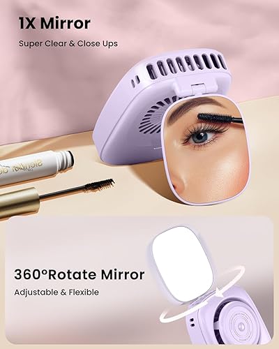 Miniatura 3 de Gaiatop Mini ventilador de cuello, uso de escritorio de mano recargable, pantalla de alimentación LED, espejo giratorio de 3 velocidades de 360 para