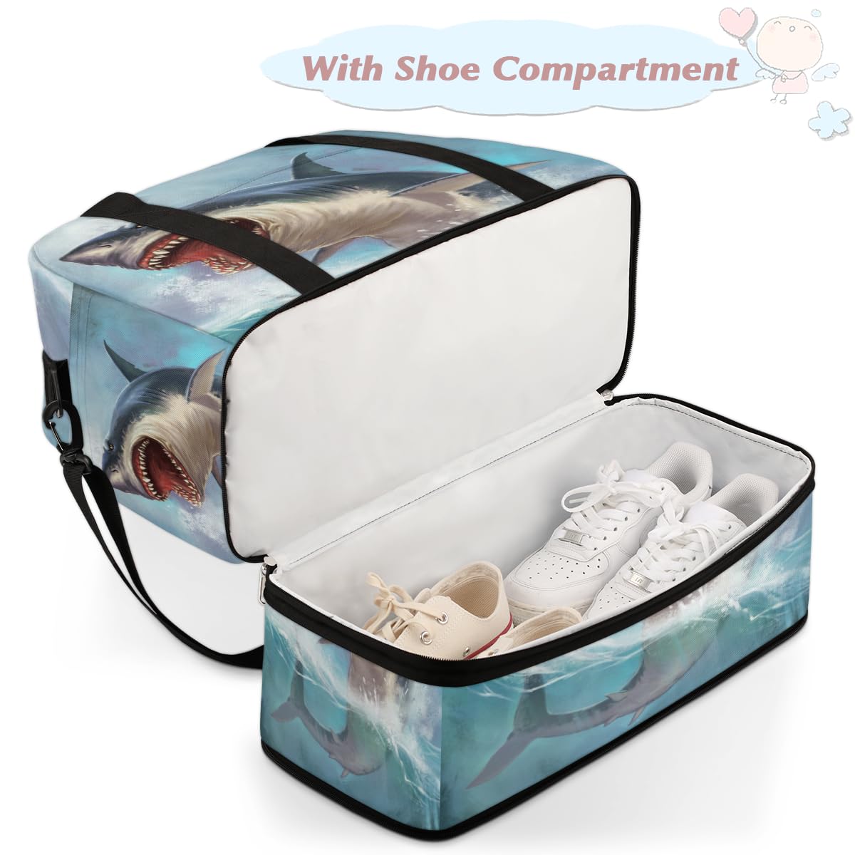 Sea Shark - Bolsa de viaje plegable con diseño de tiburón blanco de 47 litros, bolsa de fin de semana con funda para carrito de transporte, bolsa de hombro separada para deportes, gimnasio, viajes,