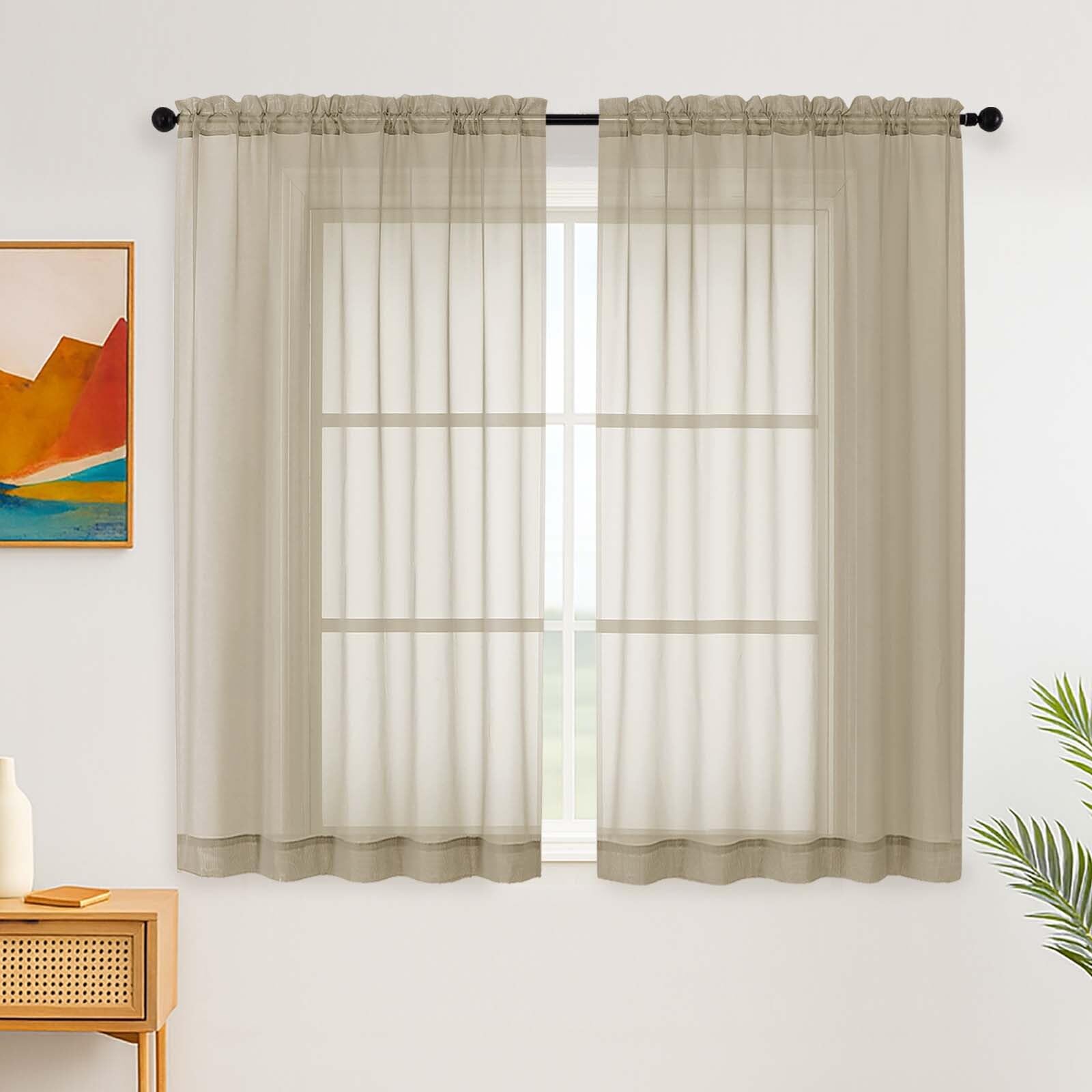 Simplebrand Taupe Short Sheer Curtains for Bedroom, 137 cm Length, 2 Panels Set, Light Filtering Voile Home Curtains & Drapes, Rod Pocket Window for Living Room (Taupe, 150cm W x 137cm L) โ image 1
