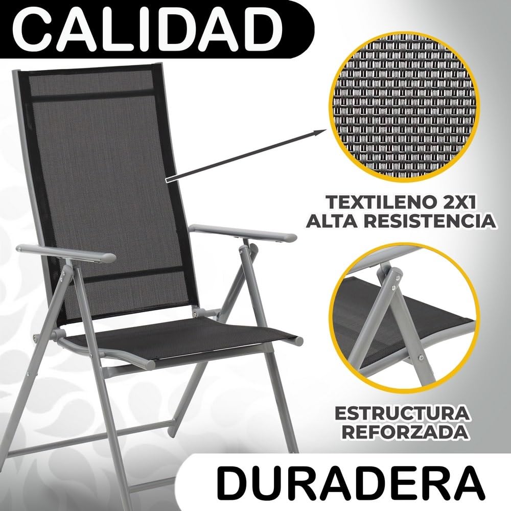 LOLAhome 2 sillas Camping jardín y terraza Plegables y reclinables de 7 Posiciones de Acero Gris con Epoxi anticorrosión y textileno Reforzado Negro