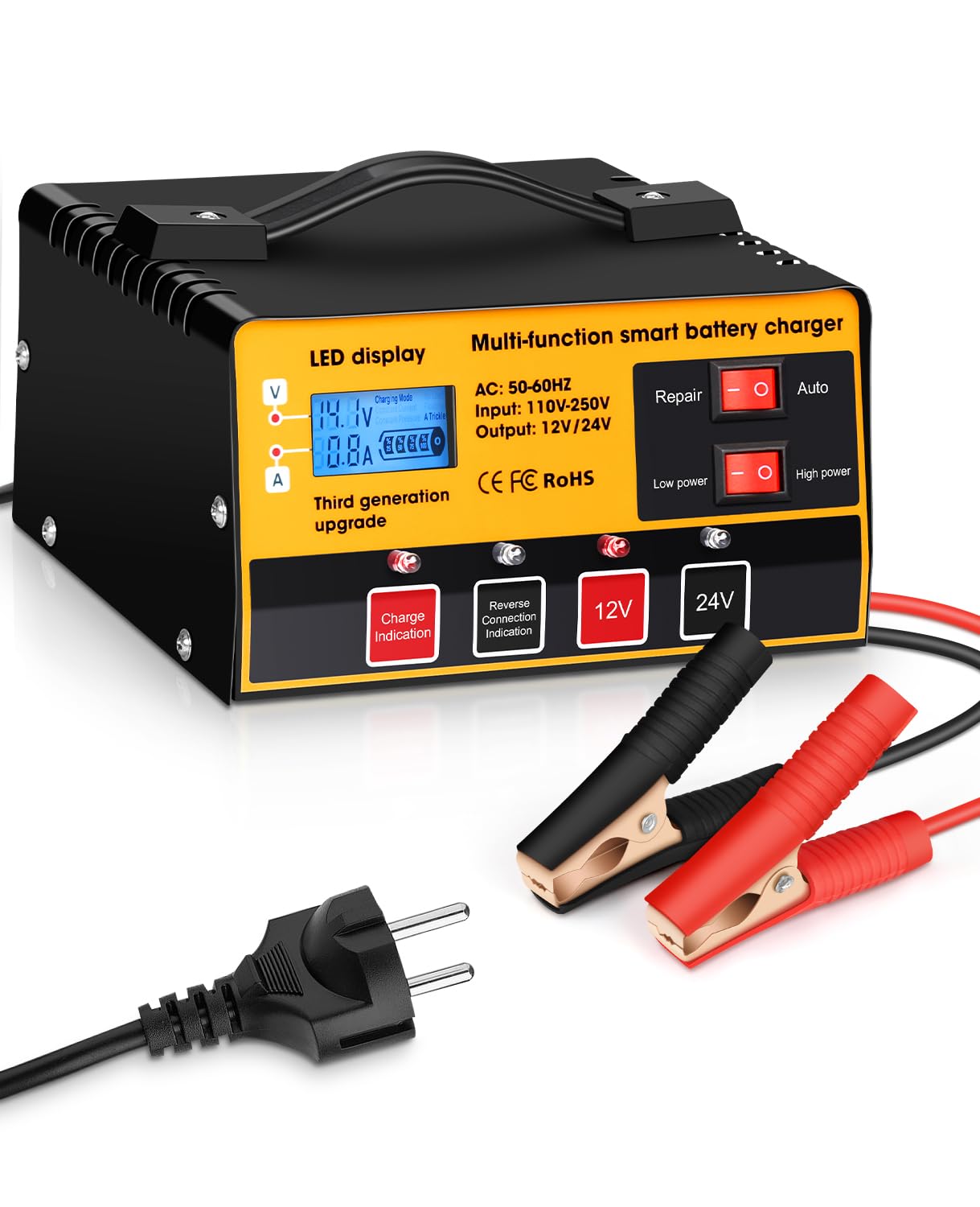 Chargeur de Batterie de Voiture 12V / 24V Chargeur de Batterie Intelligent Entièrement Automatique avec Fonction Réparation pour Les Batteries Plomb-Acide et LifePO4