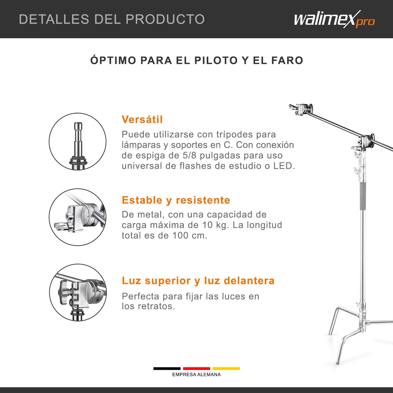 Walimex Pro - Brazo de extensión con abrazaderas atornilladas para trípodes de luz o barras transversales, plata
