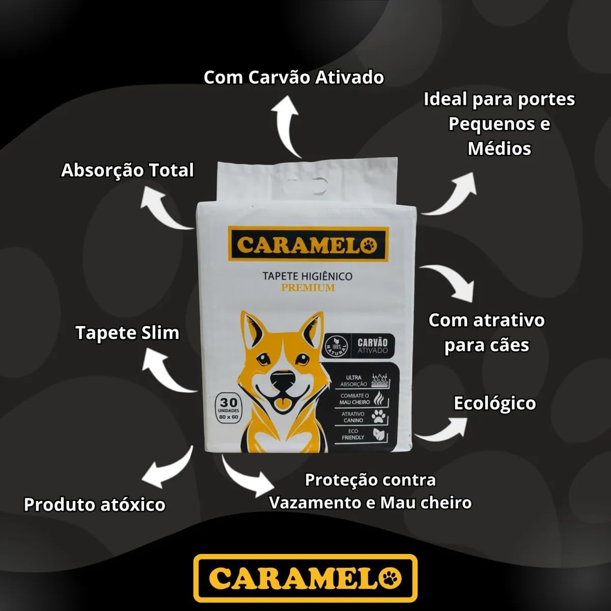 Tapetes Higiênicos Com Carvão Ativado 80x60 – 30 Unidades - Caramelo - Ultra Absorvente, Antiodor, Vedação Total | Para Cães Filhotes e Adultos