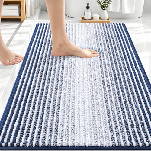 Image of OLANLY Bathroom Rugs 30x20, Extra Soft Absorbent Chenille Striped Bath Rugs, Rubber Backing, Machine Wash Dry, Bath Mats for Bathroom Floor, Tub and Shower, Home Decor Accessories, Navy