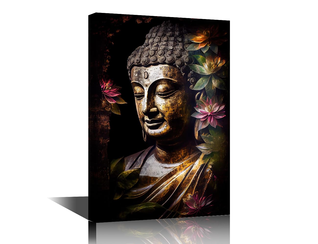 TISHIRON Wall Art for Living Room Buddha Statue with Lotus Flowers Canvas Artwork House Bedroom Art Wall Decor Zen Poster and Prints Decor House Decoration 16" Wx24 Hx1 Panel