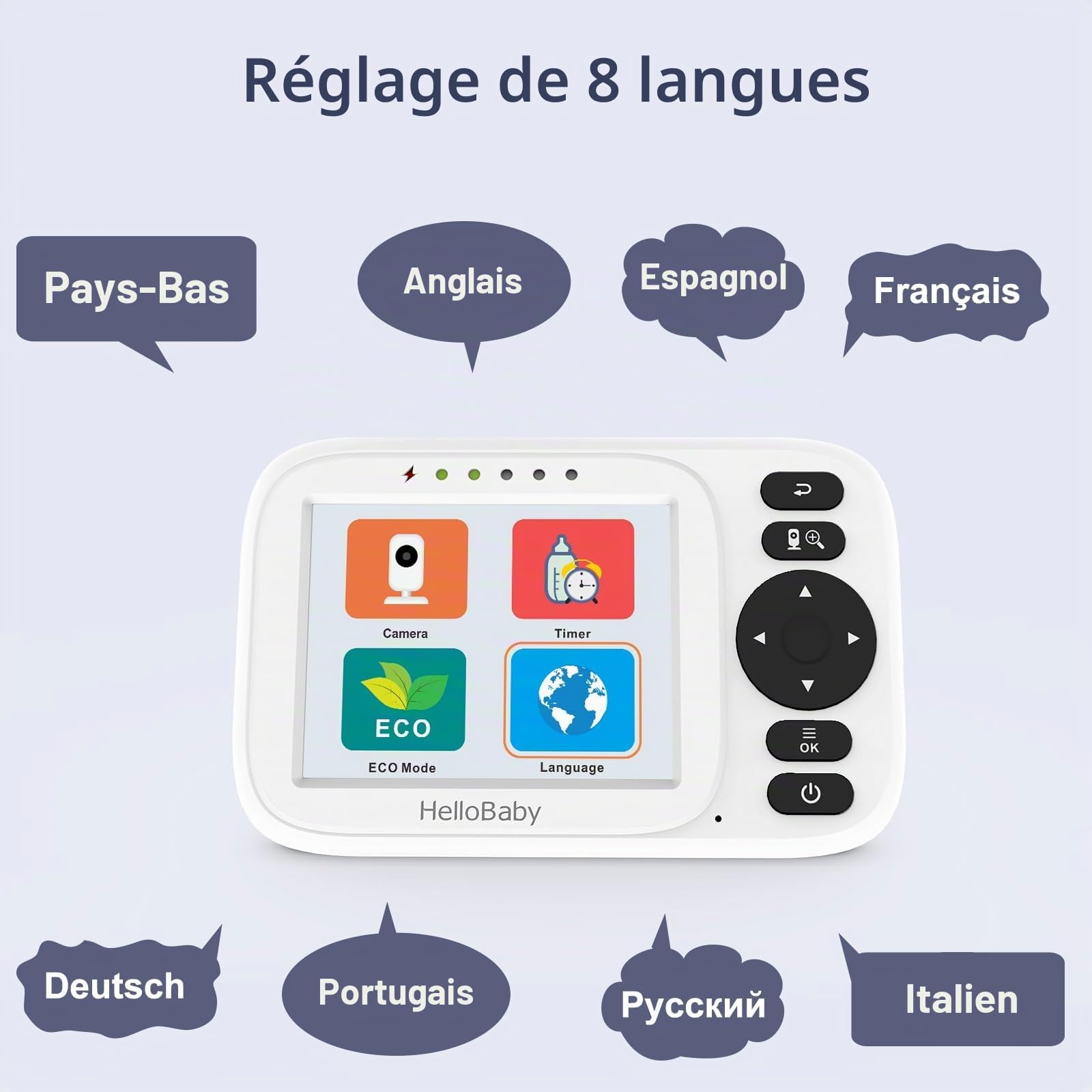 HelloBaby Babyphone Caméra sans WiFi, Caméra Surveillance Bébé 3,2'' IPS, Caméra de Surveillance bébé, Vision Nocturne, Mode ECO/VOX, Portée Étendue 305m, 2 Câbles USB, HB2438