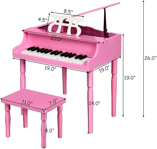 Miniatura 6 de HONEY JOY Piano clásico para niños, mini piano de cola de 30 teclas con soporte de música y banco, juguete de instrumento musical de madera con tapa