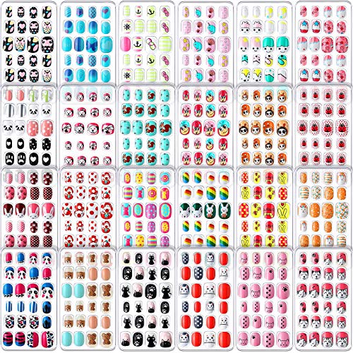 576 Pieces Kids Press On Nails Children Mini False Nails Short Fake Nails With Designs Pre Glue Stick On Full Cover Kids Nails For Little Girls Christmas Decoration, 24 Boxes (Cat, Rabbit) #TOP12
