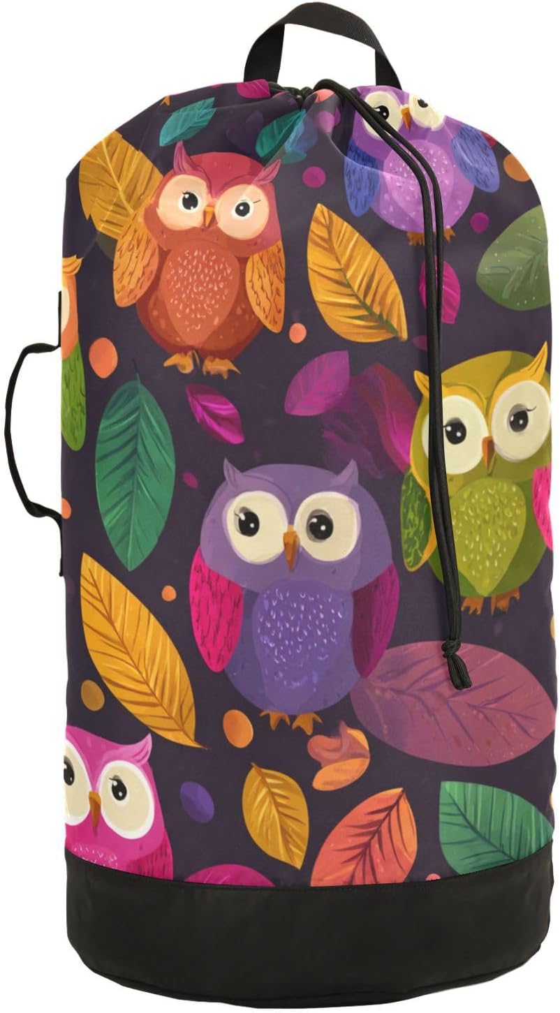 Black Owl and Leaves Laundry Backpack Bag with Adjustable Shoulder Straps Handle Dirty Laundry Hamper Bag for Traveling Camp College Dorm Heavy Duty Waterproof Large Capacity
