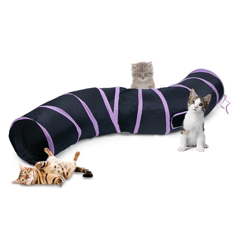 Túnel para gatos dobrável S-2 com 2 tubos, bola e estrutura de aço flexível Sheldamy Pink & Black