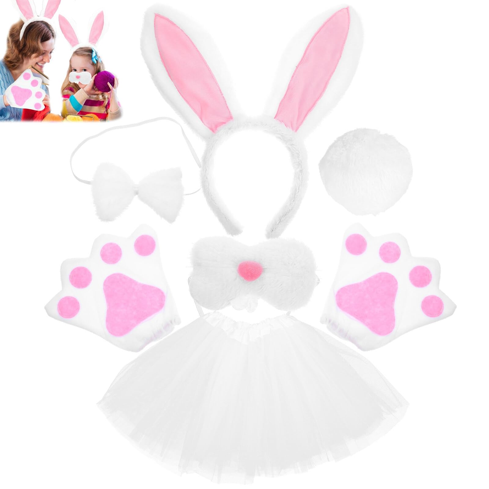 Children Dress-up Costume, Costumes Accessories for Girls Bunny Costume Bunny Headband Nose Tail Bow Tie Gloves Tutu Skirt Rabbit Costume Cosplay Accessories for Halloween Mardi Gras Party