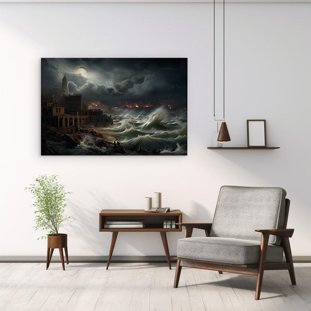 Canvas for Living room. Gothic Nightmares: An Unnaturally Bright Moon Over a Flood Ravaged City, 27 x 18 inch Canvas Wall Art - Ready to Hang
