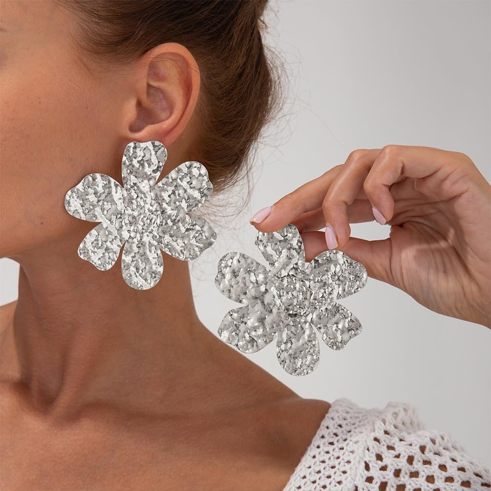 Stylish Gold Hammered Metal Petal Flower Earrings for Women Dainty Statement Silver Floral Flowers Drop Stud Earring Punk Party Holiday Prom Jewelry Gift - Image 6