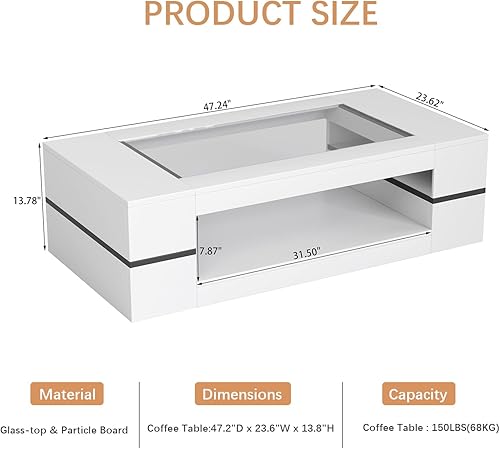 Miniatura 2 de Mesa de centro moderna y elegante de 47.2 pulgadas con parte superior de cristal, mesa grande para sala de estar, mesas centrales rectangulares de 2