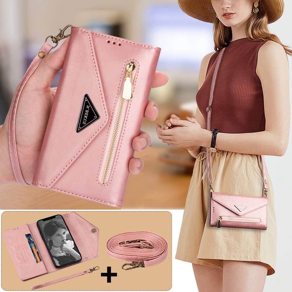 Iphone 12 Mini Crossbody Wallet Case with Shoulder Strap,Auker 9 Card Holder Flip Magnetic Zipper Purse Clutch Full Body Protective Leather Fold Stand Hidden Pocket Wallet Case Bag for iP12mini 5.4"