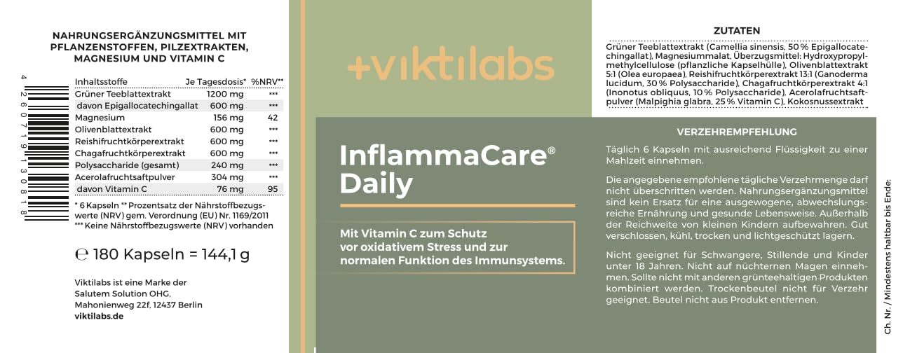InflammaCare® Daily - mit Grüntee-, Olivenblatt-Extrakt & Vitalpilzen - hochdosiert - mit EGCG & Vitamin C - 6 Kapseln pro Tag - 180 vegane - ohne Zusatzstoffe