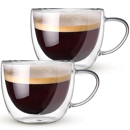 Double Walled Glass Coffee Mugs Set of 2, 8 oz Hand Blown Insulated mugs with Handle, Clear Coffee Mugs for Cappuccino, Latte, Espresso, Americano, Tea Bag, Beverage Glasses Heat Resistant Coffee Cups