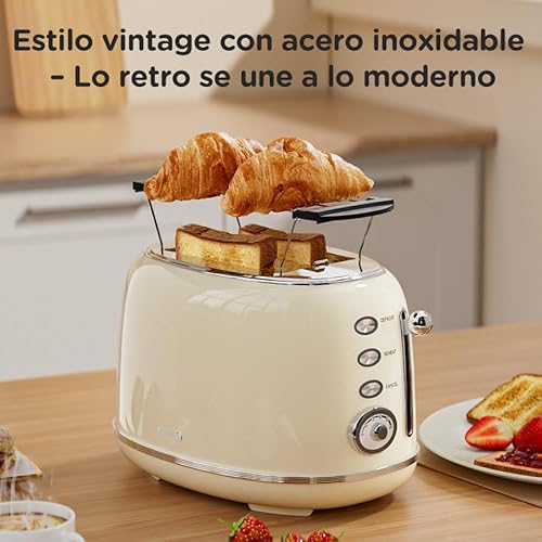 Wiltal Tostadora Retro 2 Ranuras Anchas de Acero Inoxidable – Tostador de Pan Compacto con Rejilla Calienta Pan, 6 Niveles, Función Descongelar y Recalentar, Expulsión Automática, Diseño Vintage - imagen 6