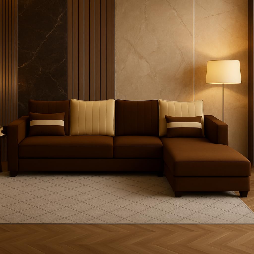 Deltona 6 Seater RHS L Shape Sofa Set | Soft Velvet Suede Fabric | Modern Design | Plush Comfort Cushions for Living Room (Brown-Cream)