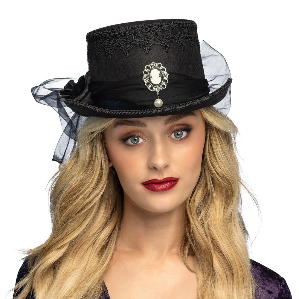 Boland 97092 Gothic Hat with Brooch and Flower, Top Hat for Halloween, Carnival and Costumes, Vampire, Witch, Magician