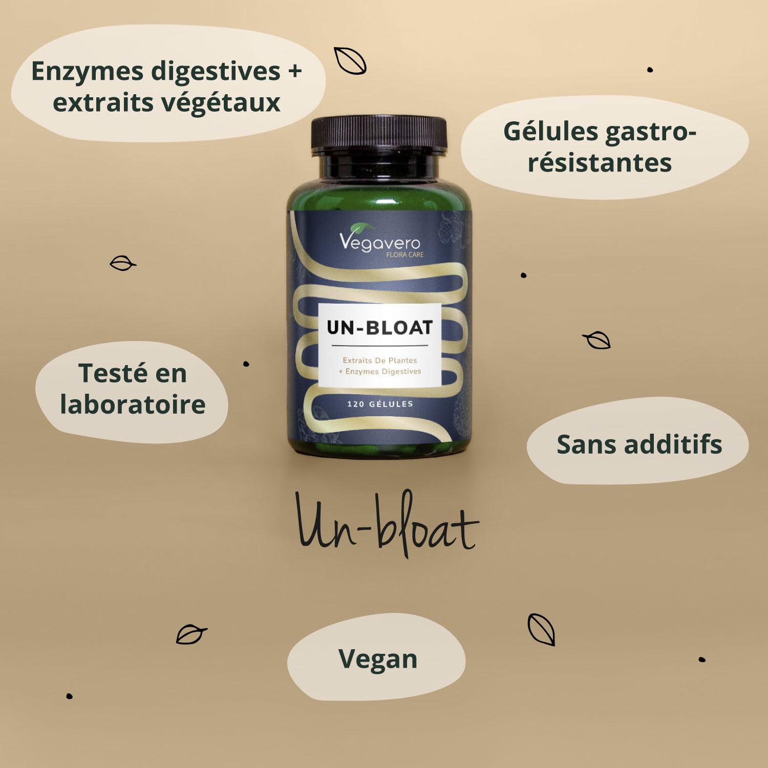 Un-Bloat Vegavero® | Complexe Anti Ballonnements + Digestion | Avec Enzymes Digestives + Extraits de Plantes | Sans Additifs & Vegan