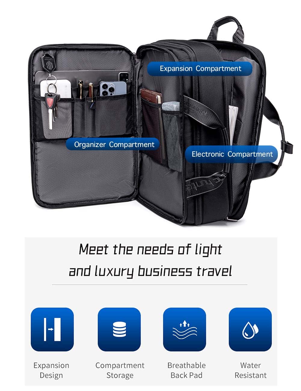 Arctic Hunter, Zaino da Viaggio e Lavoro Uomo e Donna 18 L Espandibile, Resistente all'Acqua, Scomparto Laptop da 15,6", Fascia per Trolley, Custodia Accessori Inclusa, 44x29,5x14 cm, Nero