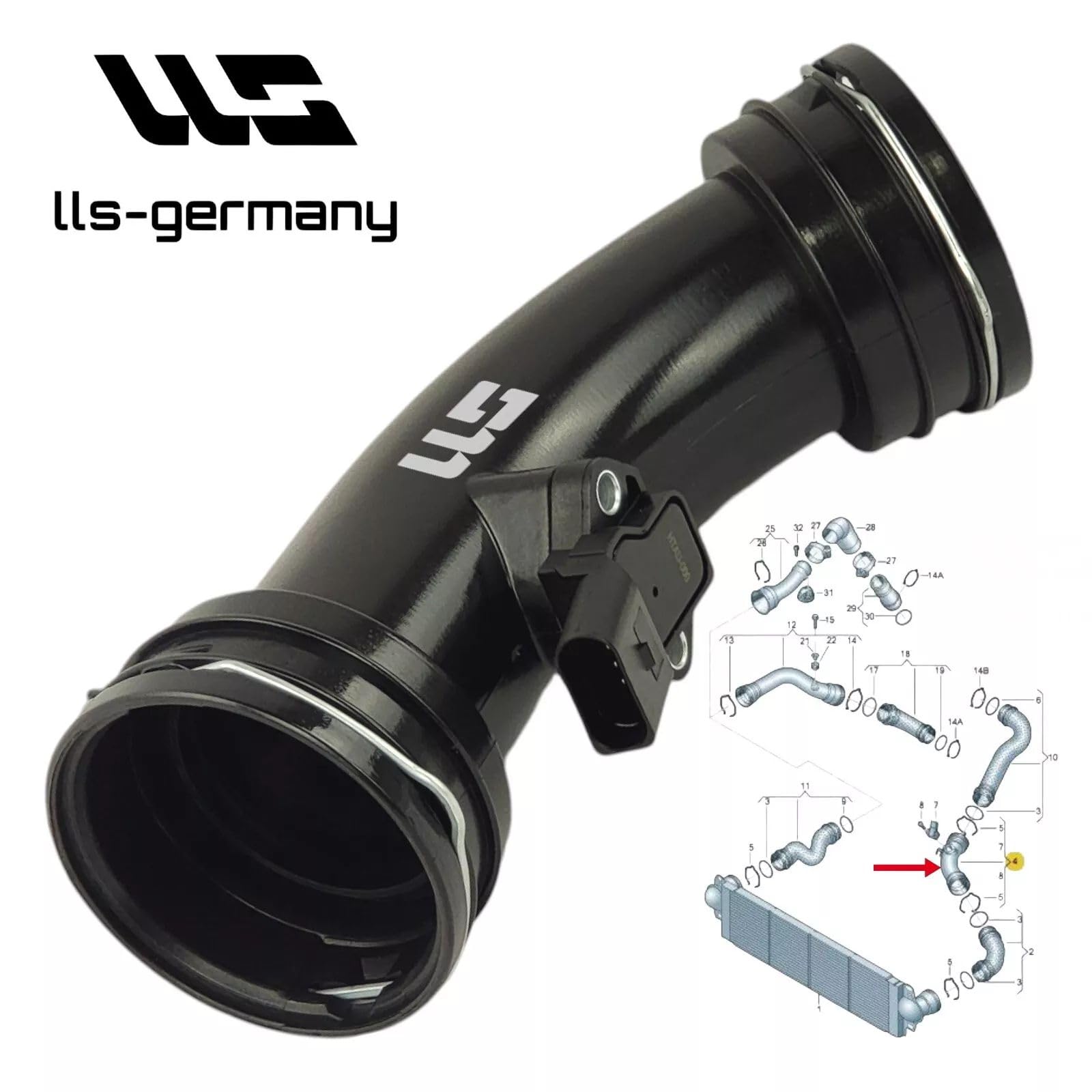 LLS-GERMANY Manguera turbo compatible con V.W. Transporter T5, Bus, Kasten, Multiv., 1.9 TDI, 2.5 TDI, 7H0 145 955 H, 7H0145955D, 7H0145955E, 7H0145955H, 7H0145955J, 7H0145955J, 7H01459555J Large (