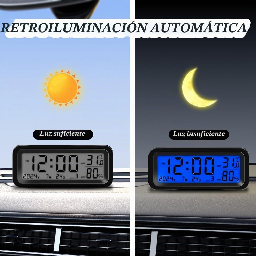 Reloj para Salpicadero de Coche,Reloj Digital Recargable Solar,Mini Relojs Digital Solar para Salpicadero de Coche,Pantalla LCD, Fecha,Temperatura,Pequeño y Manejable Autoadhesivo