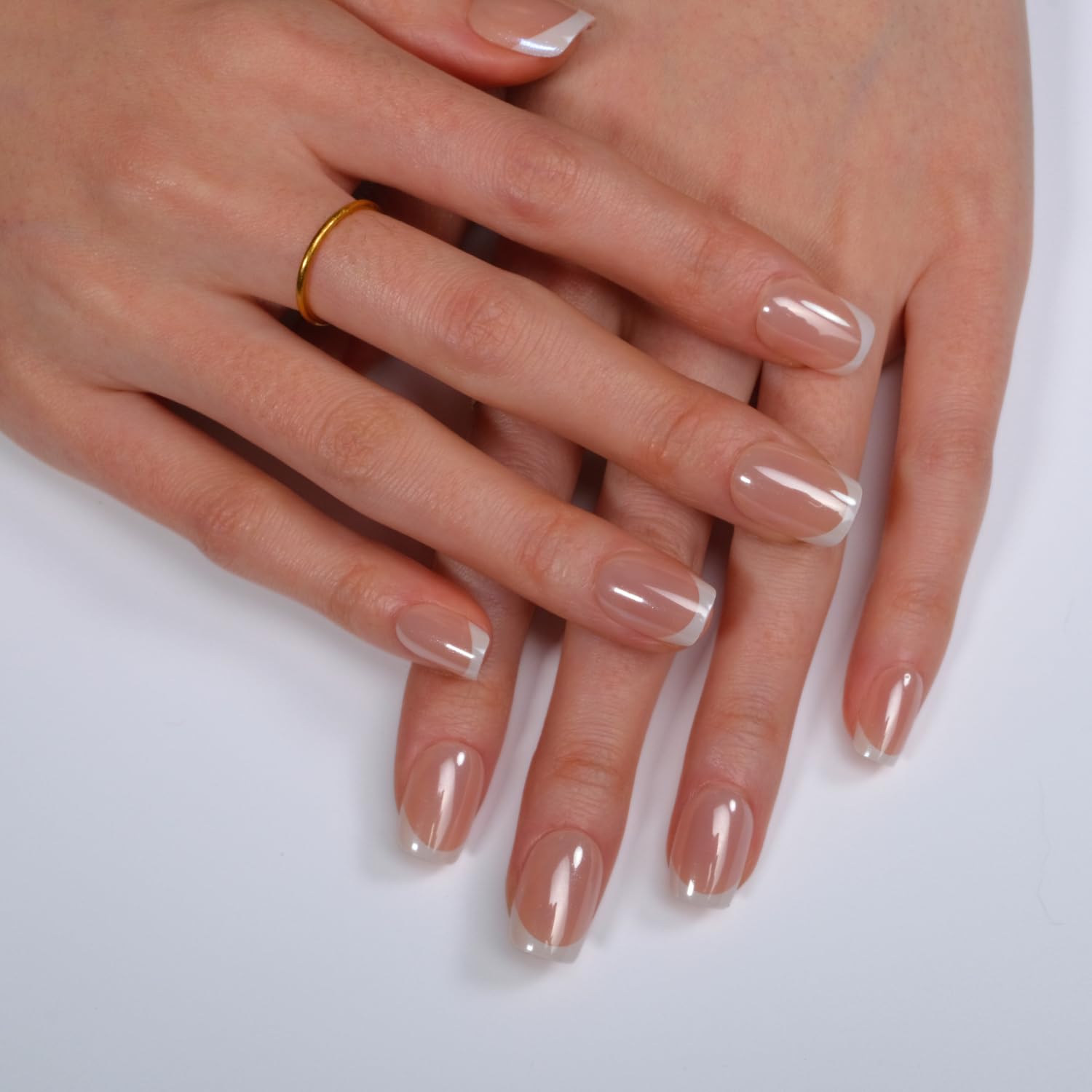 LAMIMOSA 32Pcs Glazed French Tip False Nails - Short Square Chrome Press on Nails kit with Glue, Soft Gel Fake Nails in 16 Sizes, Reusable Stick on Nails with Shimmer, DEJA VU