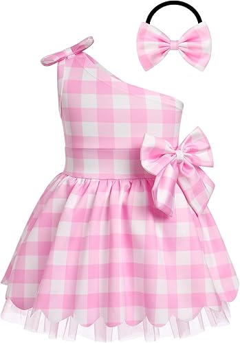 Vestido de cuadros rosa para niña con sombrero, azul y blanco, a lunares, vestido de princesa