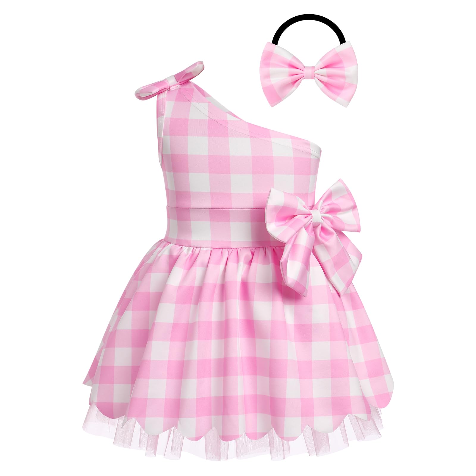 Pink Plaid Baby Girl Outfit Toddler Pink White Gingham Dresses Girls One Shoulder Ruffle Tulle Tutu Princess Plaid Dress with Hair Bow Dress Up Party Outfits Pink Gingham 18-24 Months