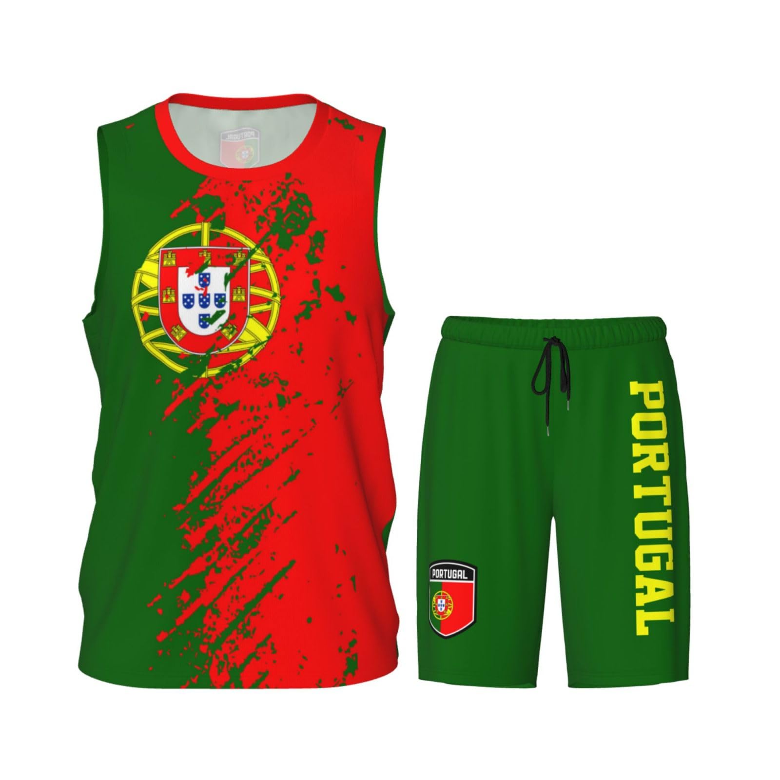 Portugal Flag Grain (1) Basketball Jersey Uniform Suit For Men Adults Training Athletic Set