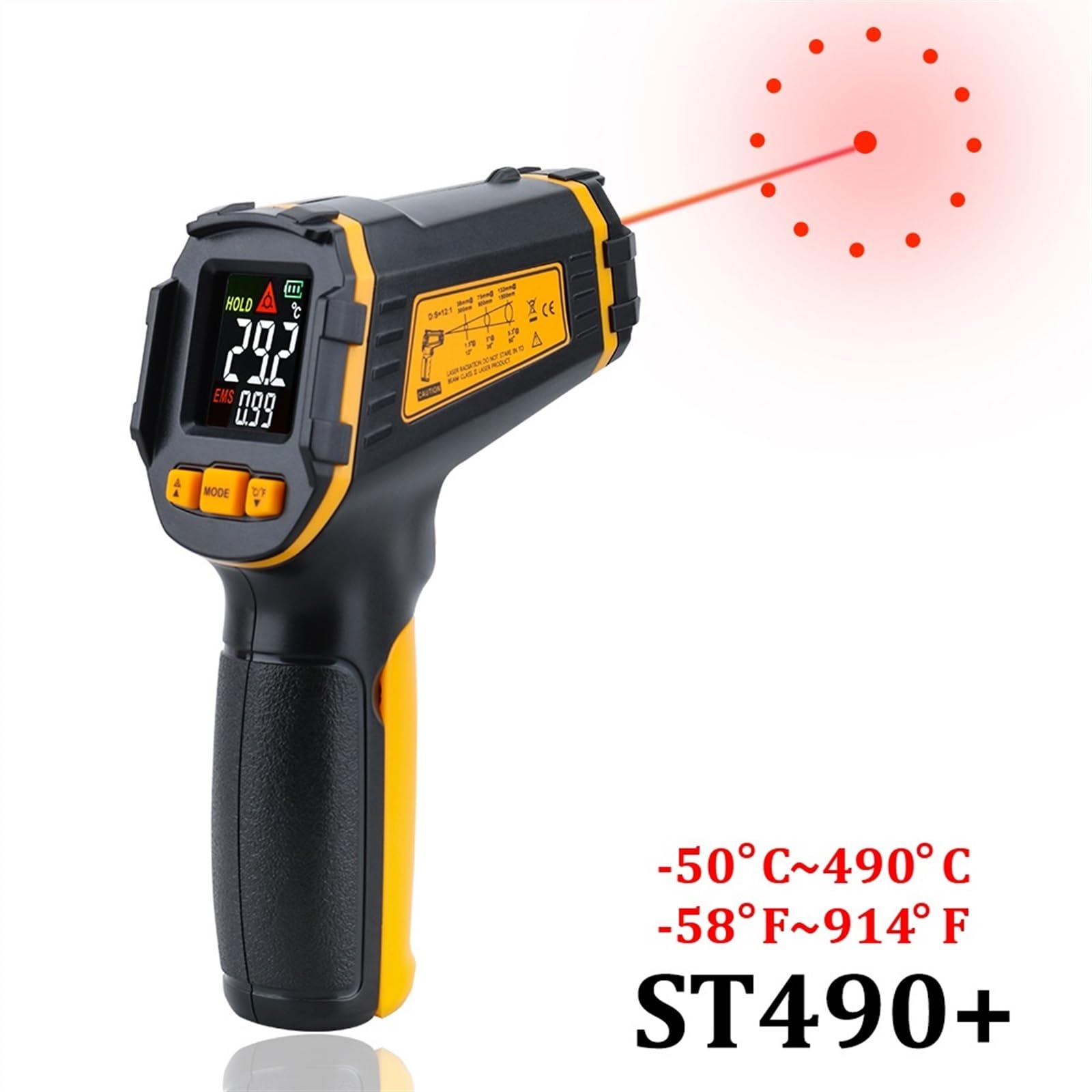 Termómetro infrarrojo Digital, medidor de temperatura láser, pirómetro sin contacto, higrómetro, termómetro IR, alarma de luz LCD a Color (Color : ST490)