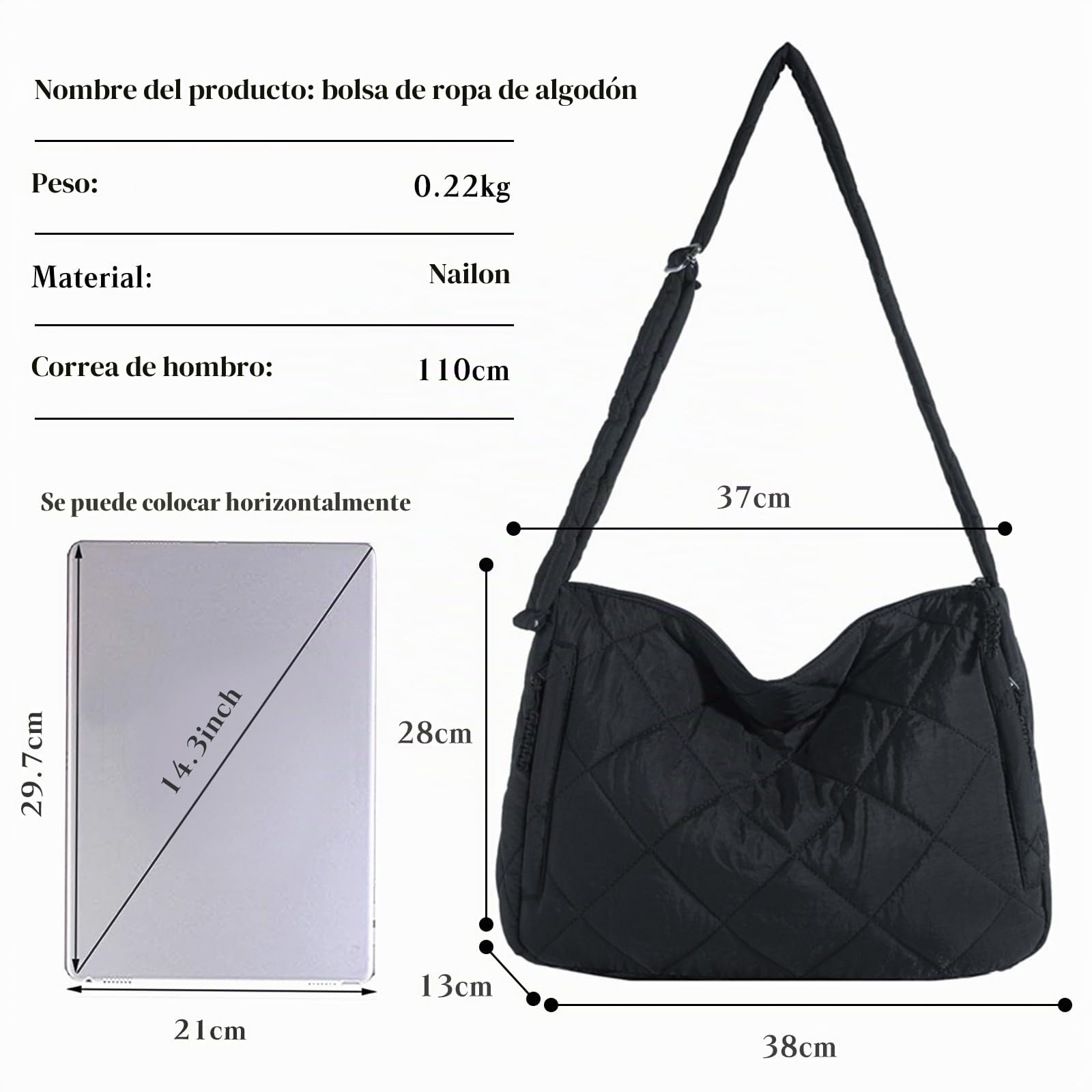 Bolso Acolchado para Mujer Nylon Bandolera Ligero Elegante Gran Capacidad Tote para Trabajo Viajes Compras Negro
