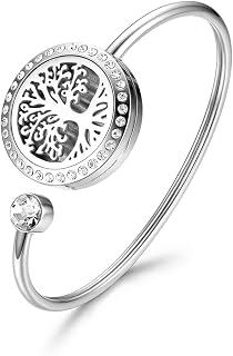 Cupimatch Adjustable Tree of Life Essential Oil Diffuser Bracelet, Stainless Steel CZ Aromatherapy Locket Bangle 8 Color Pads Jewelry Set for Women Girl Gifts