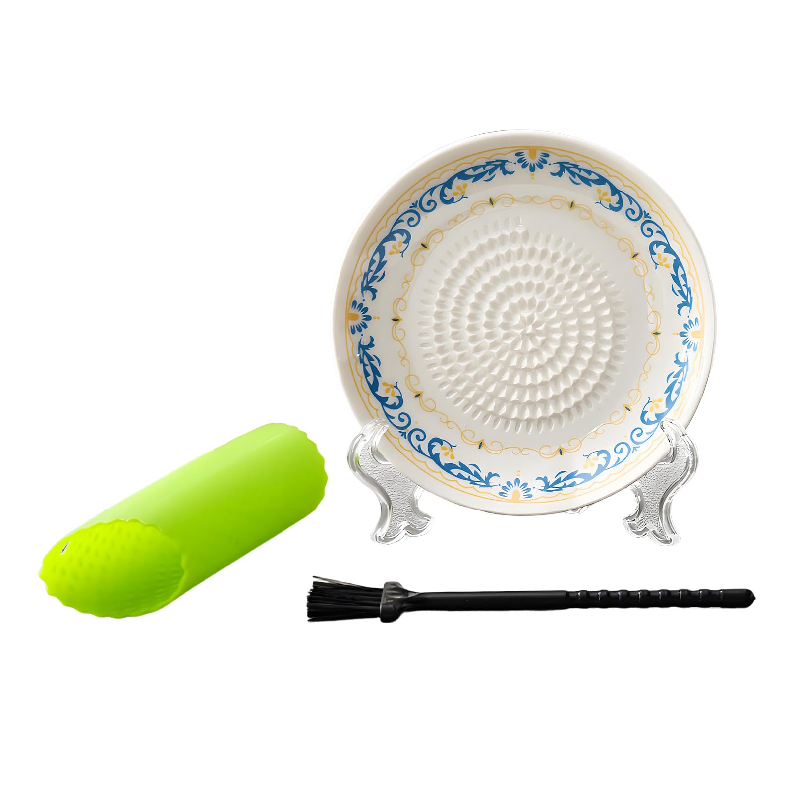 Tsophreniq Ceramic Garlic and Gingers Crusher Plate with Peeler and Brush Set Fruit Mashers Grinder Grater for Easy Kitchen Tasks Food Grade Ceramic Grater
