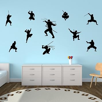 PLIGREAT 9 Pcs Samurai Ninja Wall Stickers, Peel and Stick Wall Decals, Removable Vinyl Wall Sticker for Taekwondo Hall Kung Fu Fans Bedroom Dorm Room Playroom Wall Decoration Indoor Wall Art Decor
