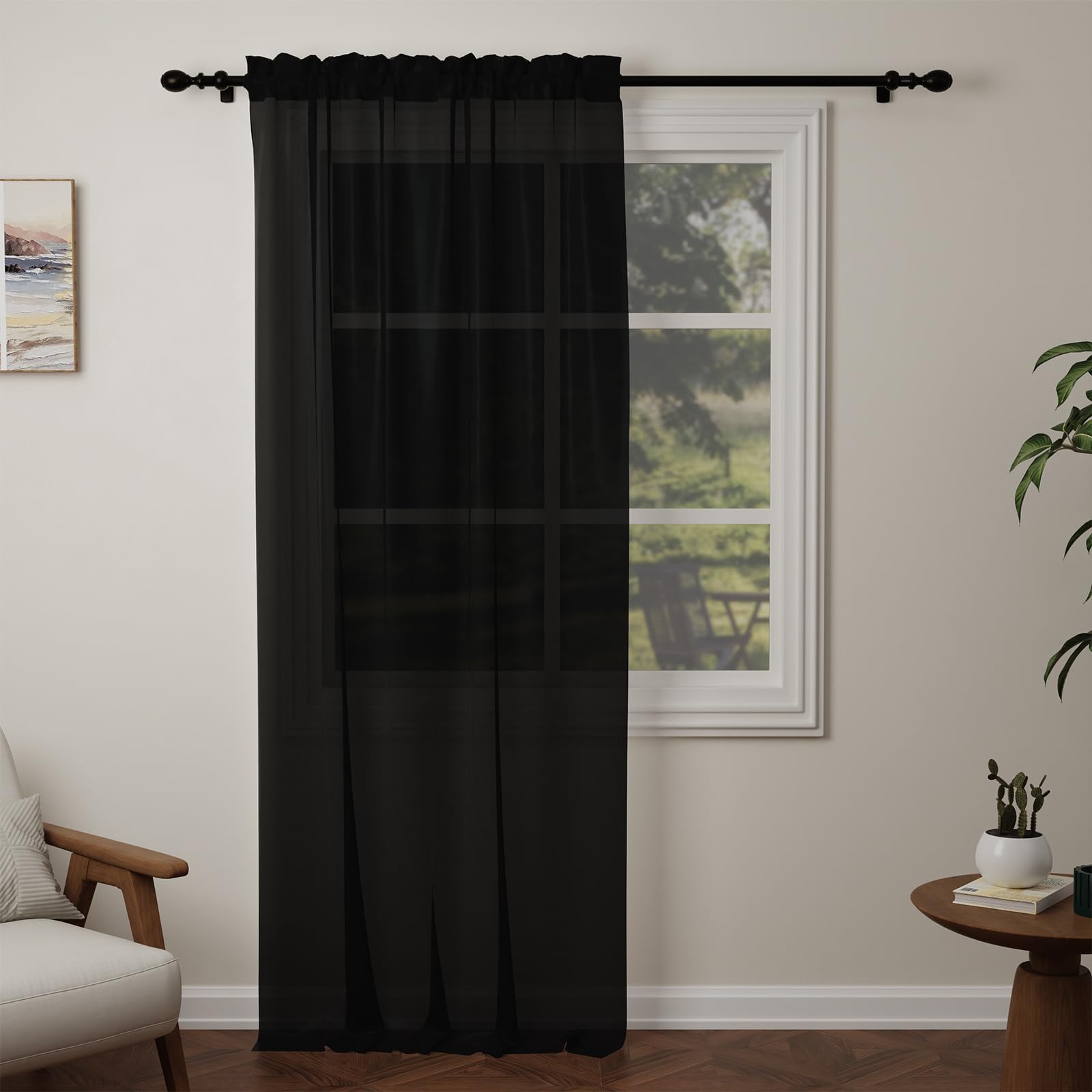 Pacok Black Voile Curtains, 108 Drop Net Curtain for Windows, Rod Pocket Sheer Curtain Panel Voile Curtains for Living Room Kitcken Bedroom W56xL108 Inch(Black, 142 x 274cm)