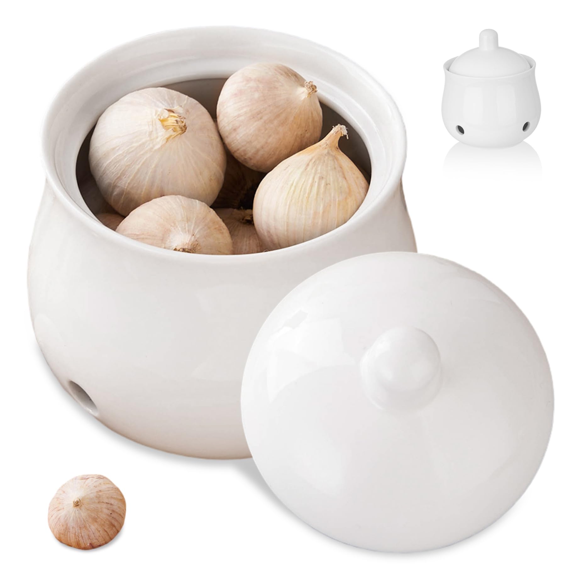 Aetherize Garlic Keeper for Counter, Ceramic Garlic Storage Container with Lid Breathable Holes Storage Pod to Keep Fresher Longer, White