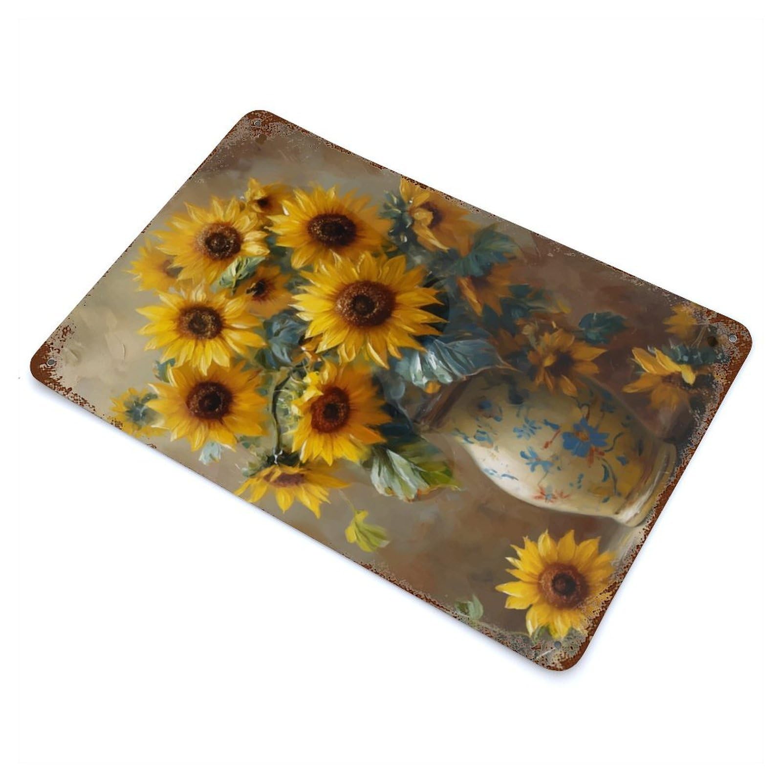 Sunflowers in Vase Vintage Wall Sign 11.8"x7.9", Rust Effect Metal Decor for Cafe, Home Bar And Lounge Decor