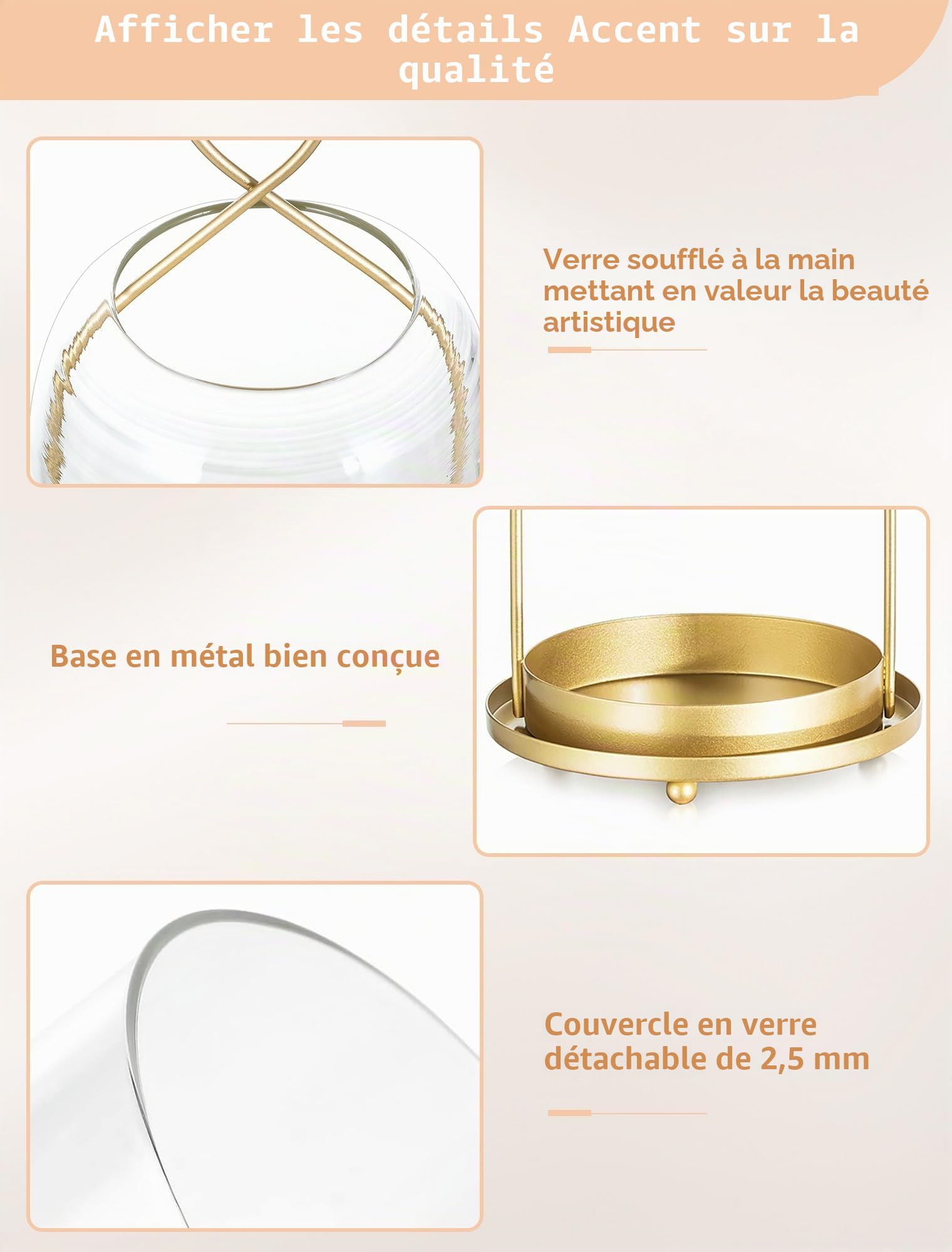 NUPTIO Bougeoir Hurricane en Verre Bougeoir Doré Grandes Lanternes | Décoratives D'extérieur Bougeoirs À Suspendre Lot De 2 pour La Maison Noël Mariage Centre De Table - Verre Épais