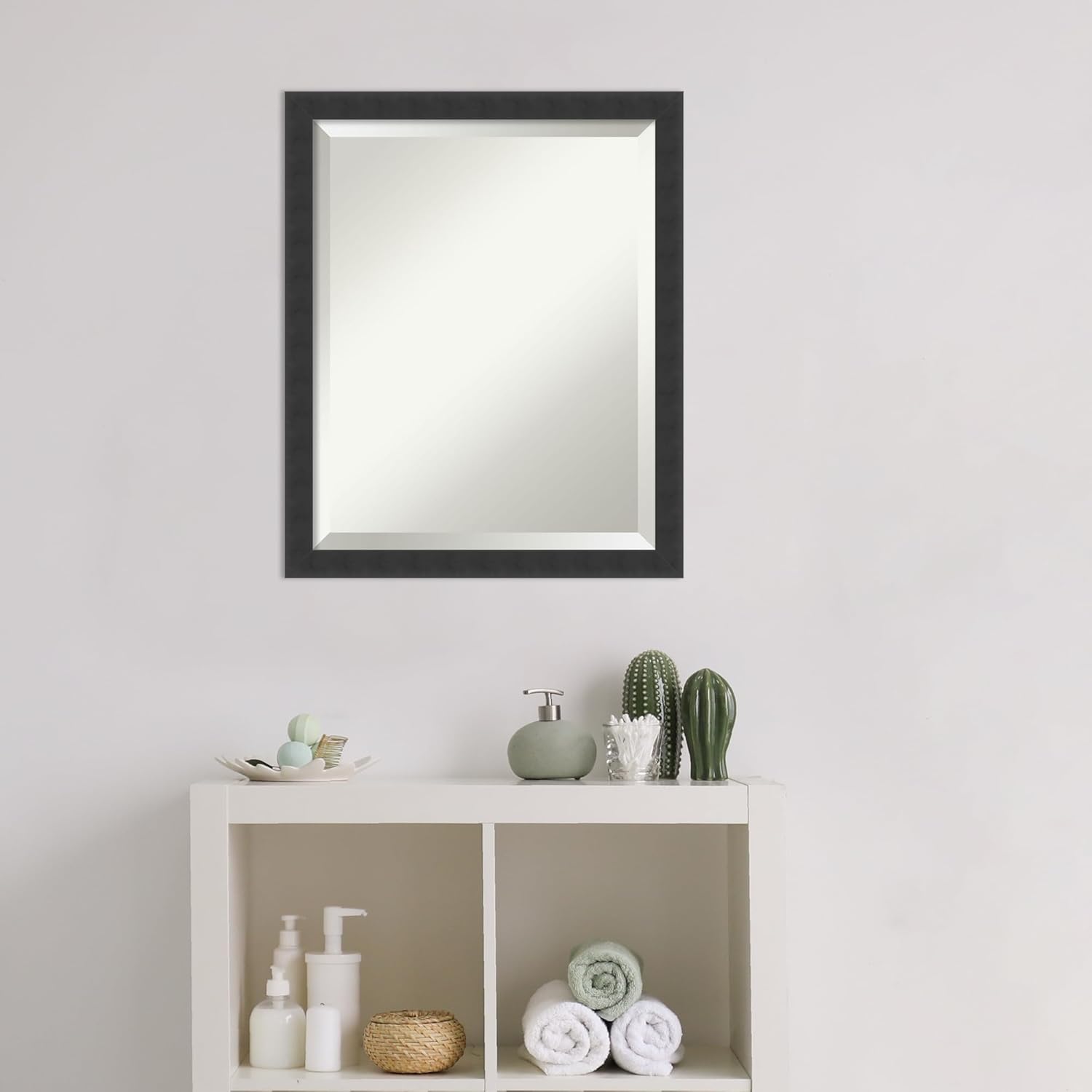 Amanti Art Black Bathroom Mirror for Over Sink, 22x18 Mezzanotte Black Rectangle Vanity Mirror, Small Modern Wood Frame, Hangs Horizonally and Vertically, Bathroom Wall Decor, Beveled Edge
