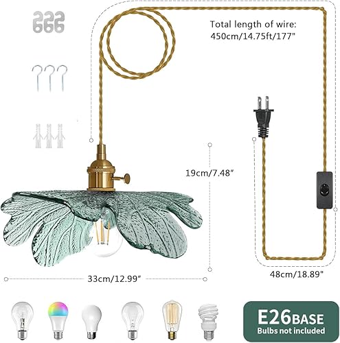 Miniatura 3 de Lámpara colgante para enchufar, moderna lámpara colgante de latón con pantalla de vidrio verde oscuro, luz colgante de 14.75 pies con cable de