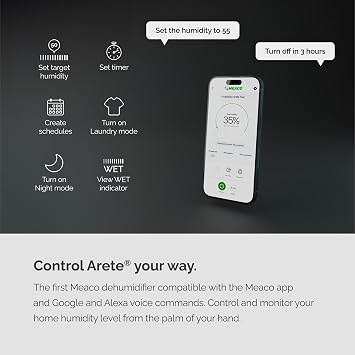 Meaco MeacoDry Arete® Two 10L Dehumidifier & HEPA H13 Air Purifier, Wi-Fi Meaco App, Smart humidity mode, Laundry mode, Low Energy, Low Noise, removes moisture in homes and flats, 5x year