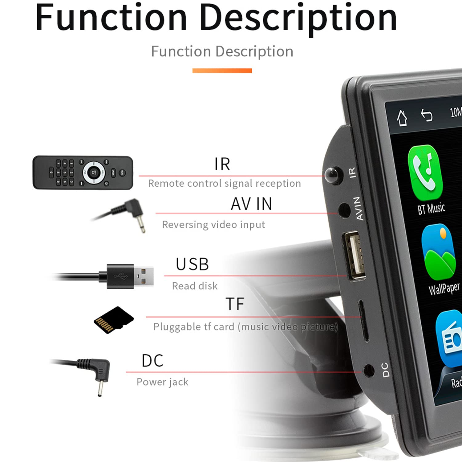 Autoradio portatile compatibile for wireless Carplay e Android Auto, auto stereo monitor 7" con telecomando, telecamera posteriore, Mirror Link, Bluetooth, trasmettitore FM, porta scheda AUX/USB/TF