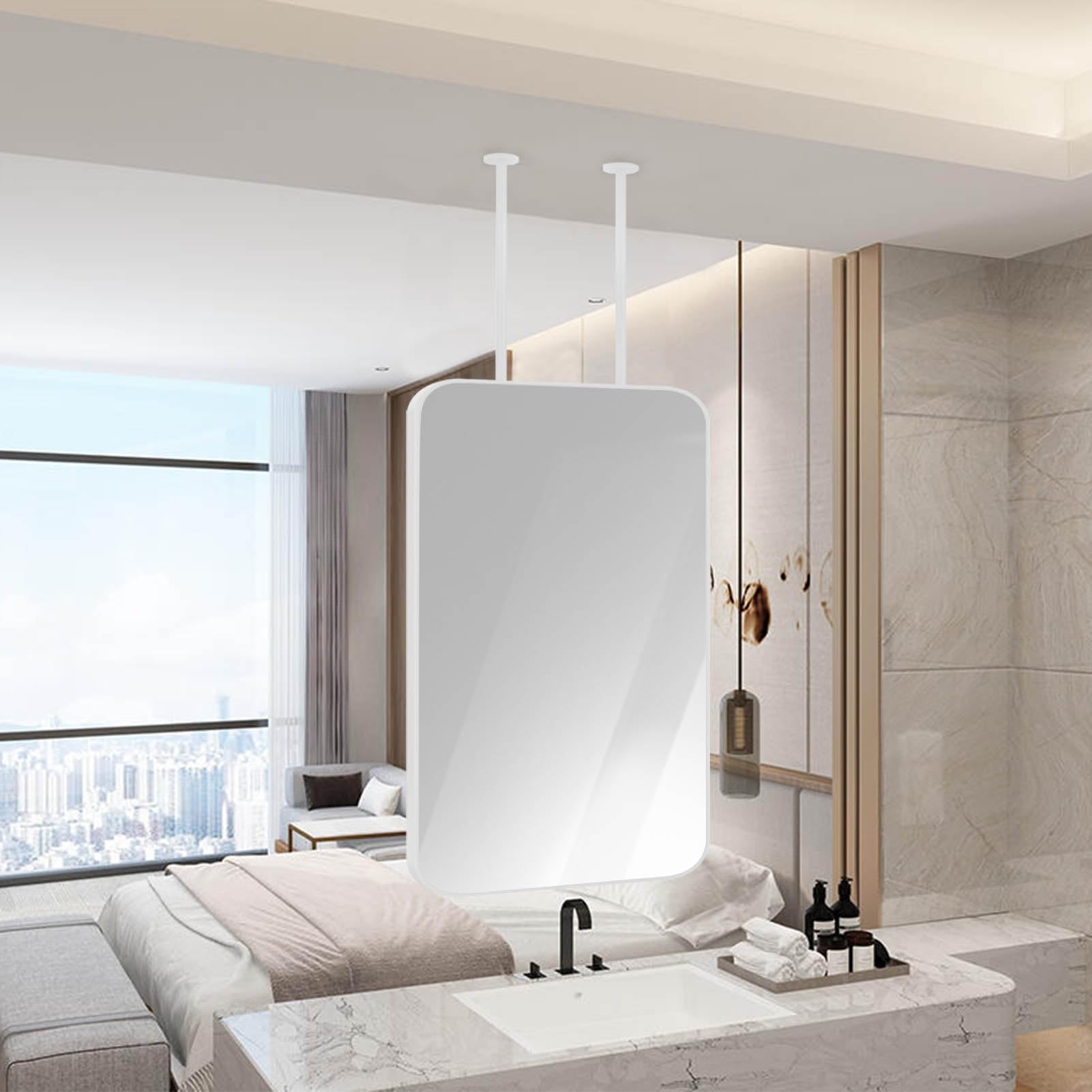 SXFSDOU Rectangular Ceiling Hanging Mirror, Bathroom Shaving Mirror with Ceiling-Mounted Booms, White Framed Customizable(40cmx70cm)
