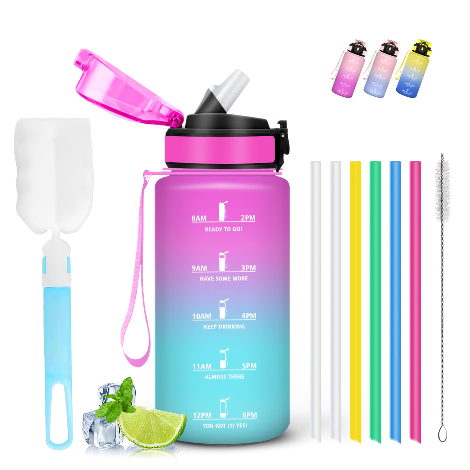 Mujigaga 500ml Kids Water Bottle with Straw Leakproof Motivational Water Bottle Easy Clean with Sponge Brush for School Picnic Running